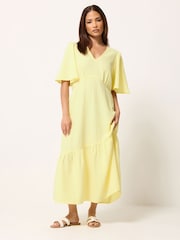 PixieGirl Petite Yellow Textured Asymmetric Midi Dress - Image 2 of 5