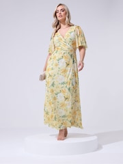 Yours Curve Yellow London Wrap Mesh Dress - Image 1 of 5