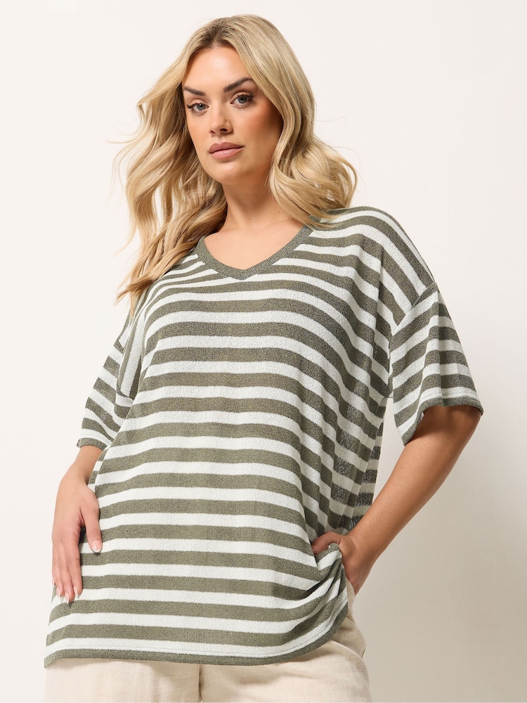Yours Curve Green Stripe Knitted T-Shirt - Image 1 of 5