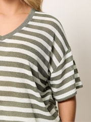 Yours Curve Green Stripe Knitted T-Shirt - Image 4 of 5