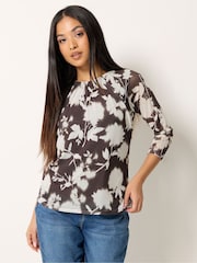 M&Co Brown Petite 3/4 Sleeve Crew Neck Floral Mesh Top - Image 1 of 5