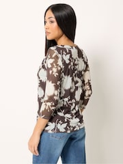M&Co Brown Petite 3/4 Sleeve Crew Neck Floral Mesh Top - Image 2 of 5