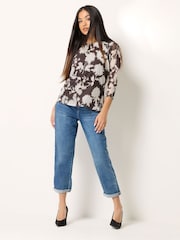 M&Co Brown Petite 3/4 Sleeve Crew Neck Floral Mesh Top - Image 3 of 5