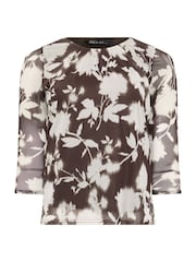 M&Co Brown Petite 3/4 Sleeve Crew Neck Floral Mesh Top - Image 5 of 5