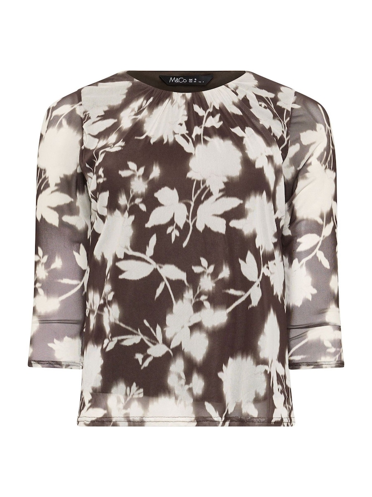 M&Co Brown Petite 3/4 Sleeve Crew Neck Floral Mesh Top - Image 5 of 5