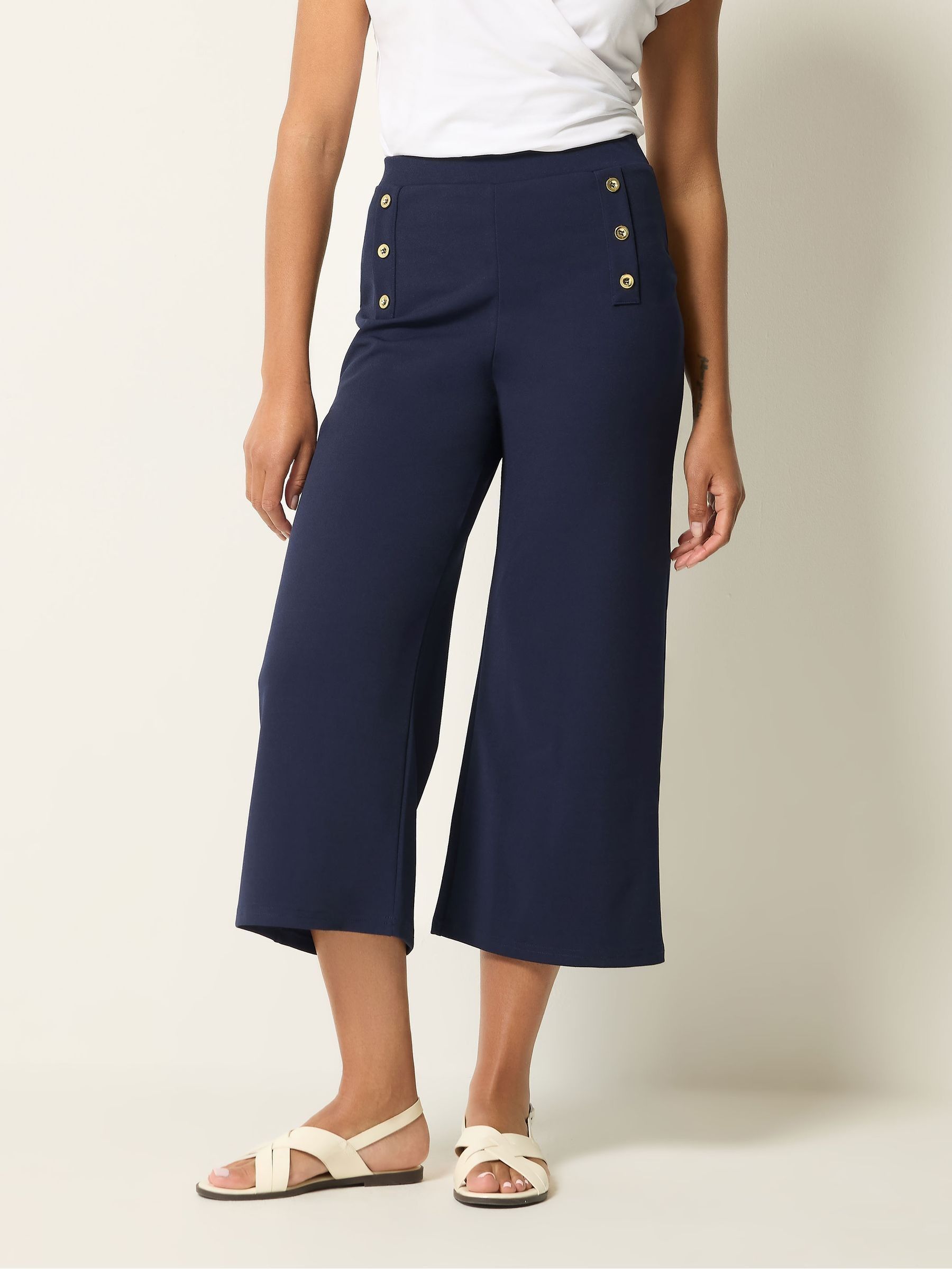 M & Co Women's Blue Military Button Cropped Trousers