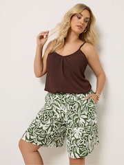 Yours Curve Khaki Green Leaf Print Pull On Jersey Shorts - Image 1 of 5