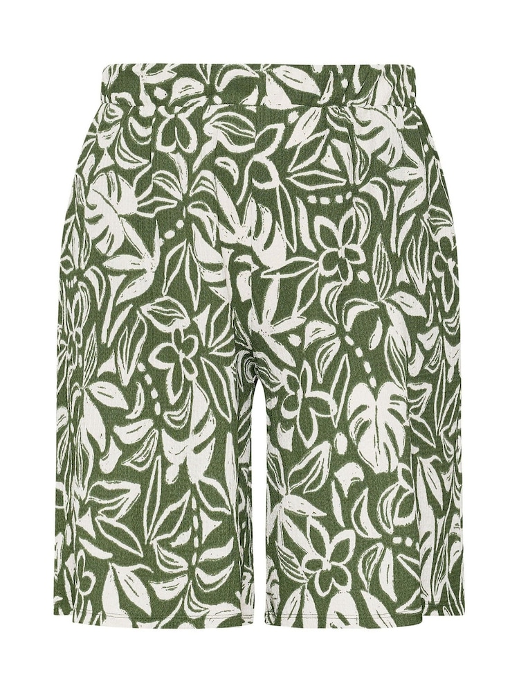 Yours Curve Khaki Green Leaf Print Pull On Jersey Shorts - Image 5 of 5 Yours Curve Khaki Green Leaf Print Pull On Jersey Shorts - Image 5 of 5