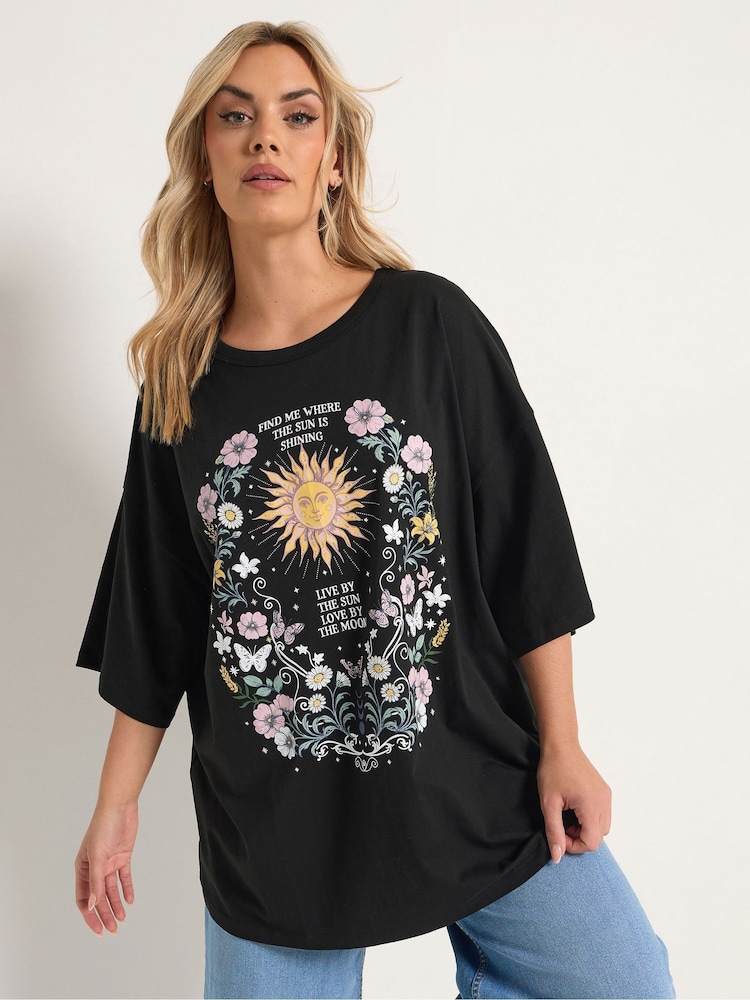 Yours Curve Black Placement Boxy T-Shirt - Image 1 of 5 Yours Curve Black Placement Boxy T-Shirt - Image 1 of 5