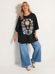 Yours Curve Black Placement Boxy T-Shirt - Image 3 of 5