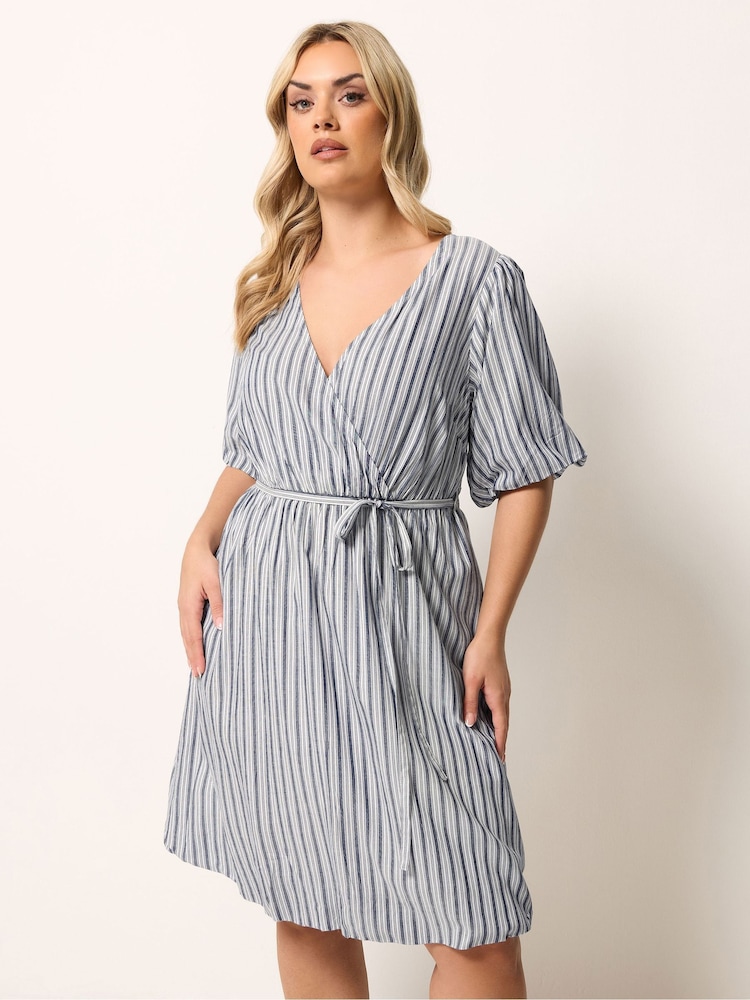 Yours Curve Blue Puff Ball Wrap Dress - Image 1 of 5