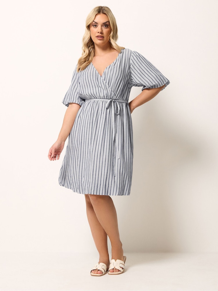 Yours Curve Blue Puff Ball Wrap Dress - Image 2 of 5