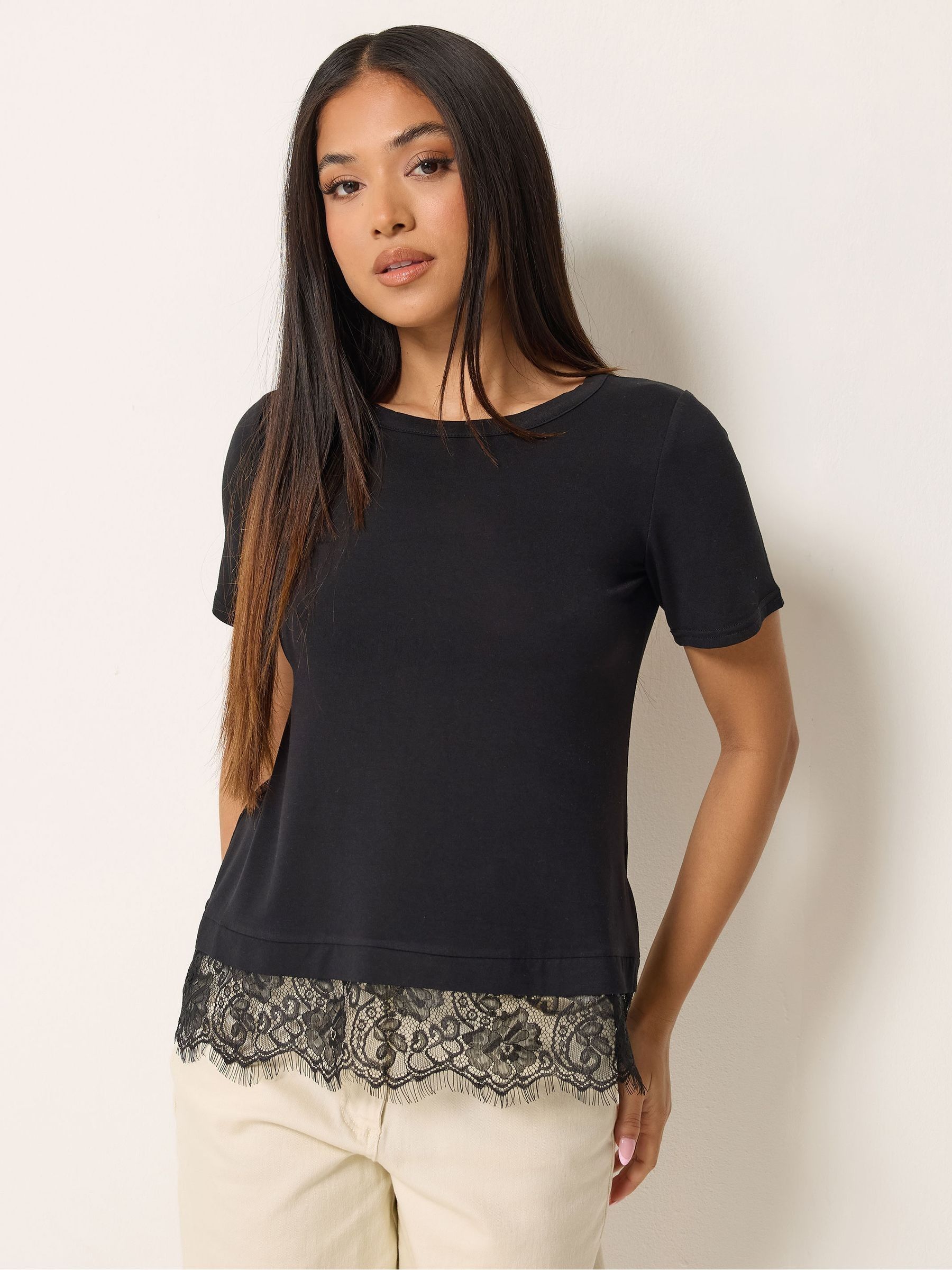 M & Co Women's Black Lace Hem T-Shirt