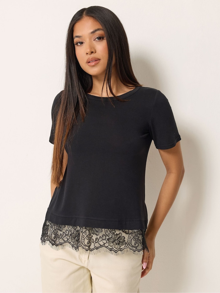 M&Co Black Lace Hem T-Shirt - Image 1 of 5