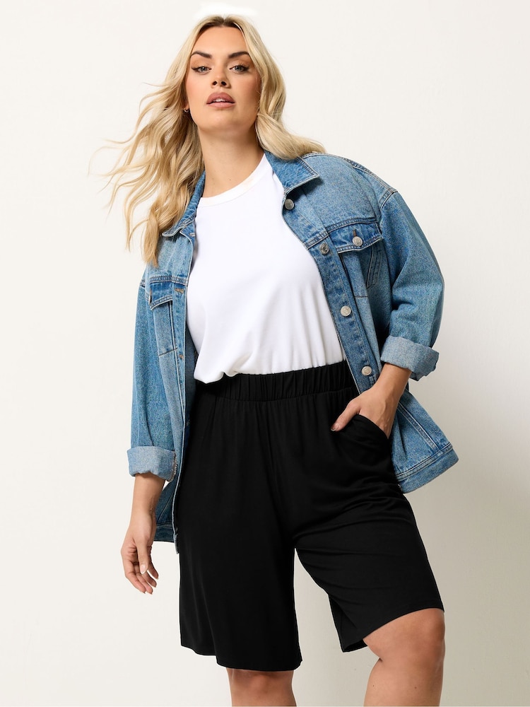 Yours Curve Black Pull On Jersey Shorts - Image 1 of 5 Yours Curve Black Pull On Jersey Shorts - Image 1 of 5