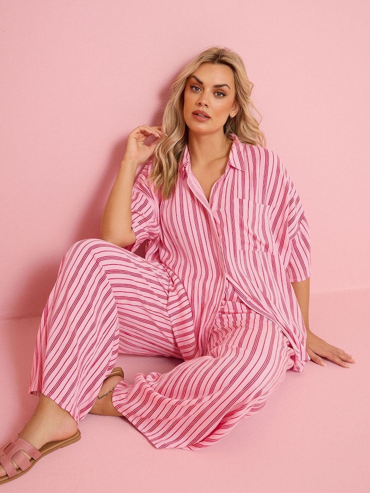 Yours Curve Pink Striped Crinkle Shirt - Image 1 of 4