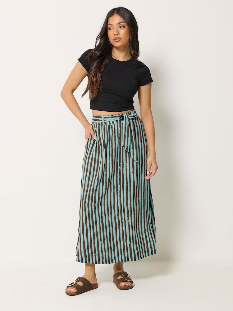 PixieGirl Petite Brown Stripe Belted Midaxi Skirt - Image 1 of 5