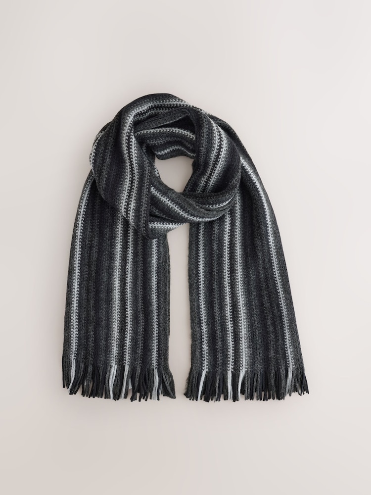 Black/Grey Stripe Knitted Scarf - Image 1 of 3 Black/Grey Stripe Knitted Scarf - Image 1 of 3