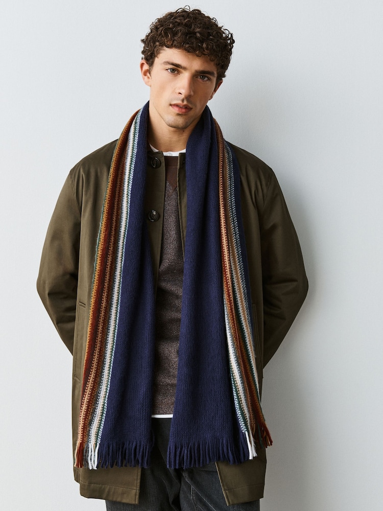 Navy Blue Stripe Knitted Scarf - Image 1 of 7 Navy Blue Stripe Knitted Scarf - Image 1 of 7