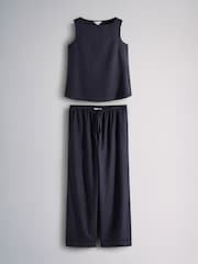 The Set Sleeveless Shell Top and Wide Leg Trousers Co-Ord With Linen Navy Blue - Image 1 of 5