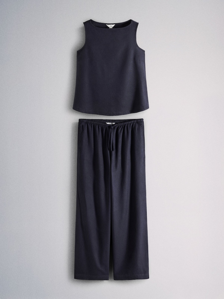 The Set Sleeveless Shell Top and Wide Leg Trousers Co-Ord With Linen Navy Blue - Image 1 of 5 The Set Sleeveless Shell Top and Wide Leg Trousers Co-Ord With Linen Navy Blue - Image 1 of 5
