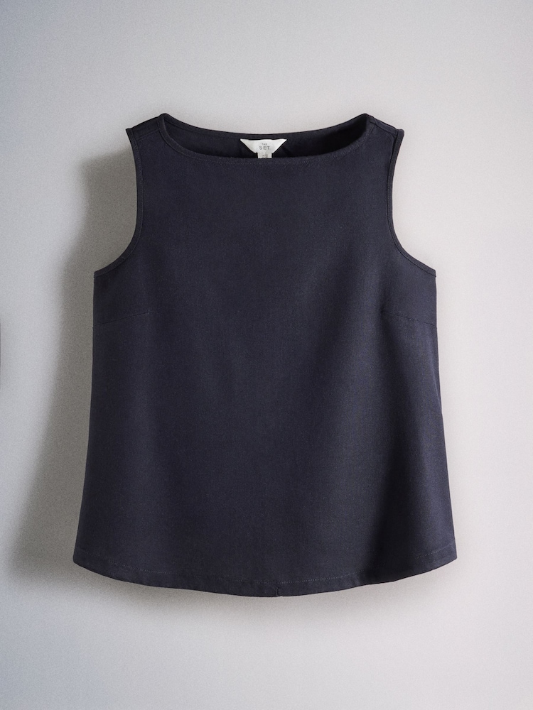 The Set Sleeveless Shell Top and Wide Leg Trousers Co-Ord With Linen Navy Blue - Image 2 of 5 The Set Sleeveless Shell Top and Wide Leg Trousers Co-Ord With Linen Navy Blue - Image 2 of 5