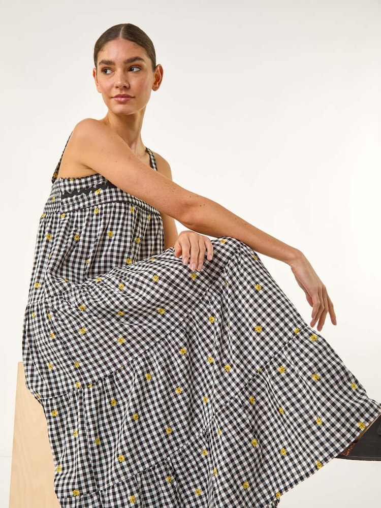 Roman Black Gingham Embroidered Midi Dress - Image 1 of 5 Roman Black Gingham Embroidered Midi Dress - Image 1 of 5