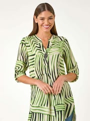 Roman Green Abstract Linear Print V-Neck Button Top - Image 1 of 5