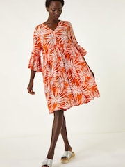 Roman Orange Abstract Print Crinkle Smock Dress - Image 1 of 5