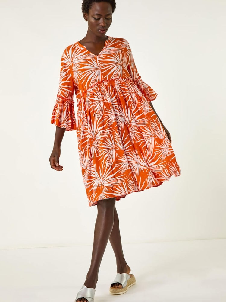 Roman Orange Abstract Print Crinkle Smock Dress - Image 1 of 5