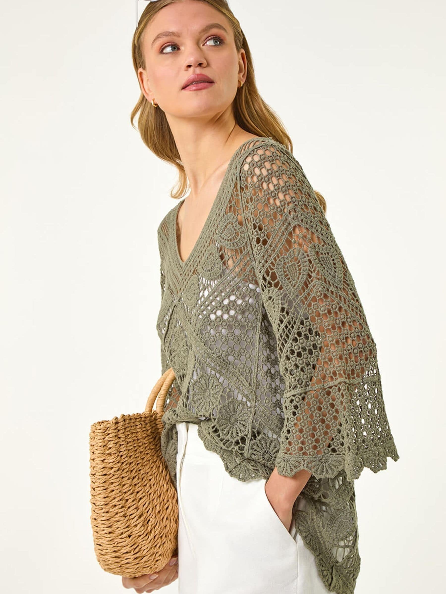 Buy Roman Green Crochet Lace V-Neck Open Knit Jumper from the Next
