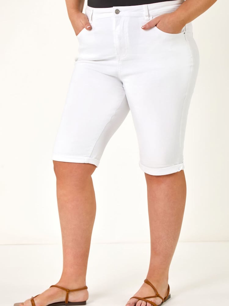 Roman White Curve Stretch Knee Length Denim Shorts - Image 1 of 5