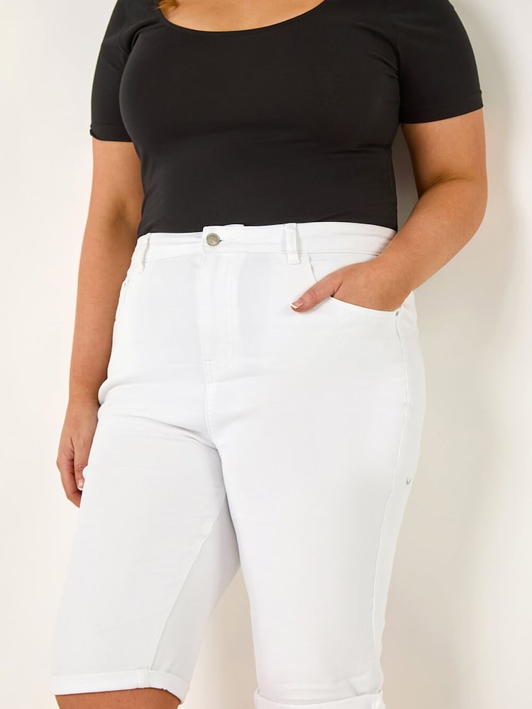 Roman White Curve Stretch Knee Length Denim Shorts - Image 2 of 5