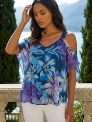Roman Purple Floral Cold Shoulder Overlay Top - Image 1 of 6