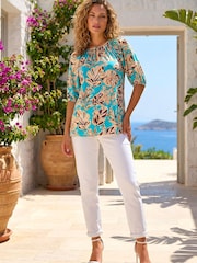 Roman Blue Floral Printed Keyhole Front Stretch Top - Image 1 of 4