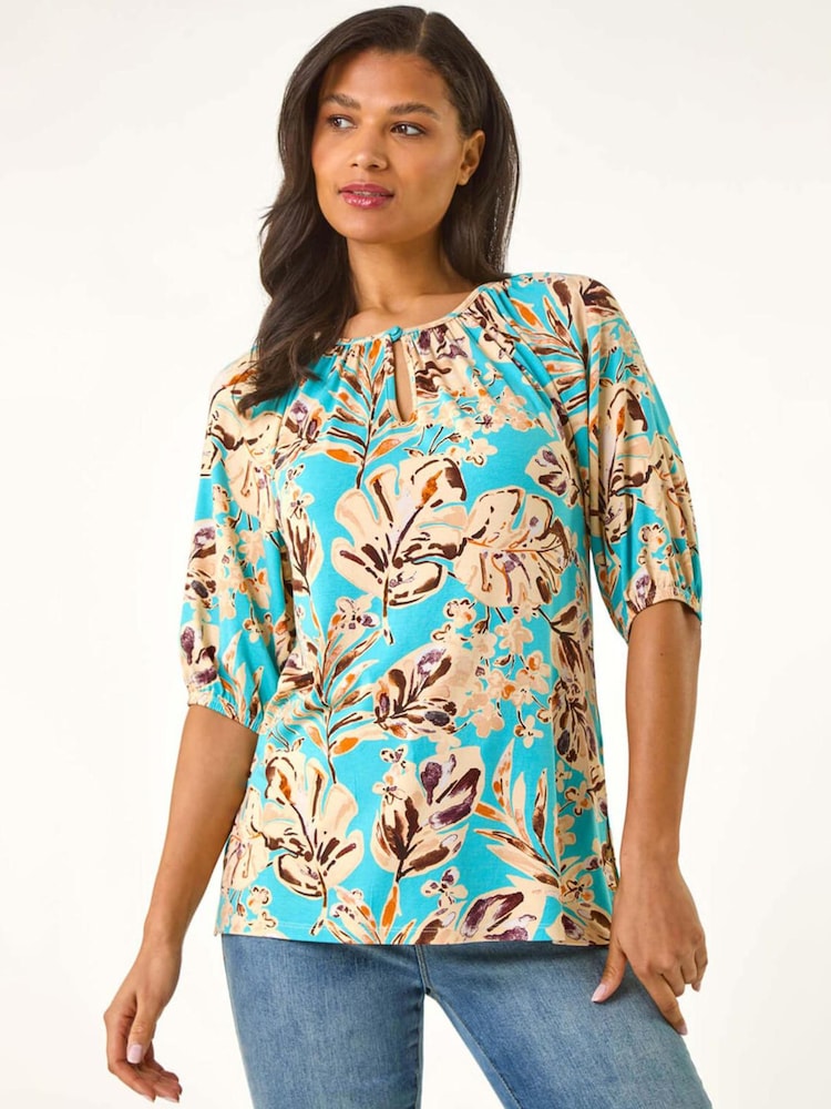 Roman Blue Floral Printed Keyhole Front Stretch Top - Image 2 of 4