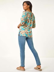 Roman Blue Floral Printed Keyhole Front Stretch Top - Image 3 of 4