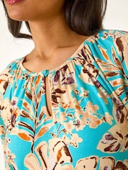 Roman Blue Floral Printed Keyhole Front Stretch Top - Image 4 of 4