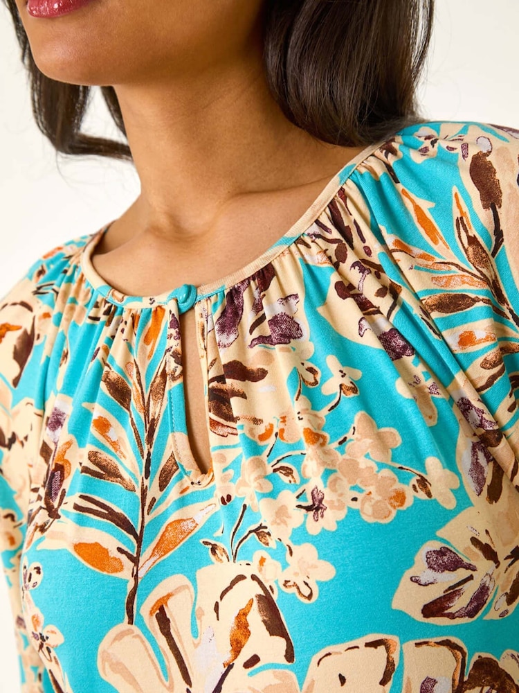 Roman Blue Floral Printed Keyhole Front Stretch Top - Image 4 of 4