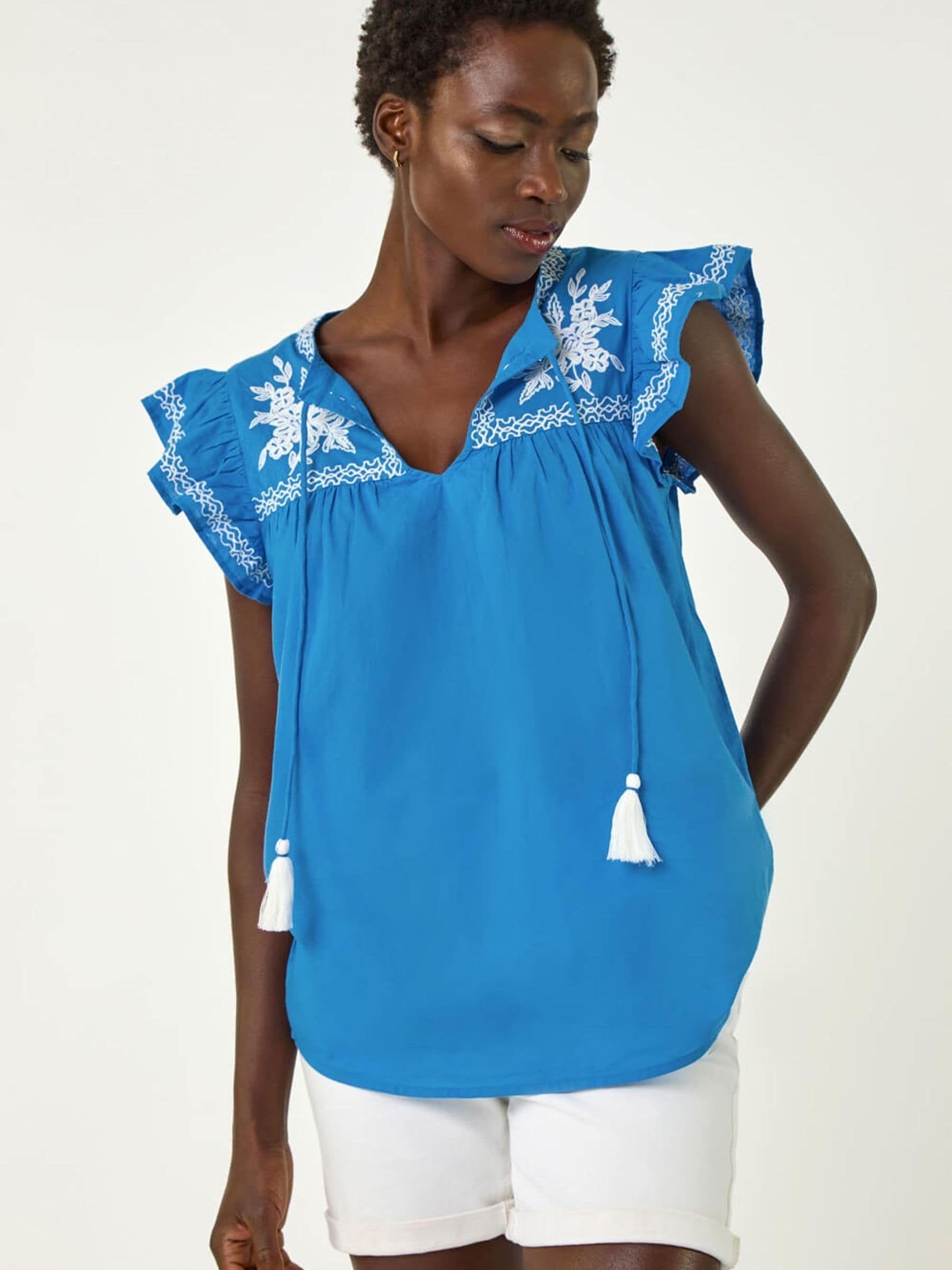 Buy Roman Blue Embroidered Tie Front Top from Next Romania