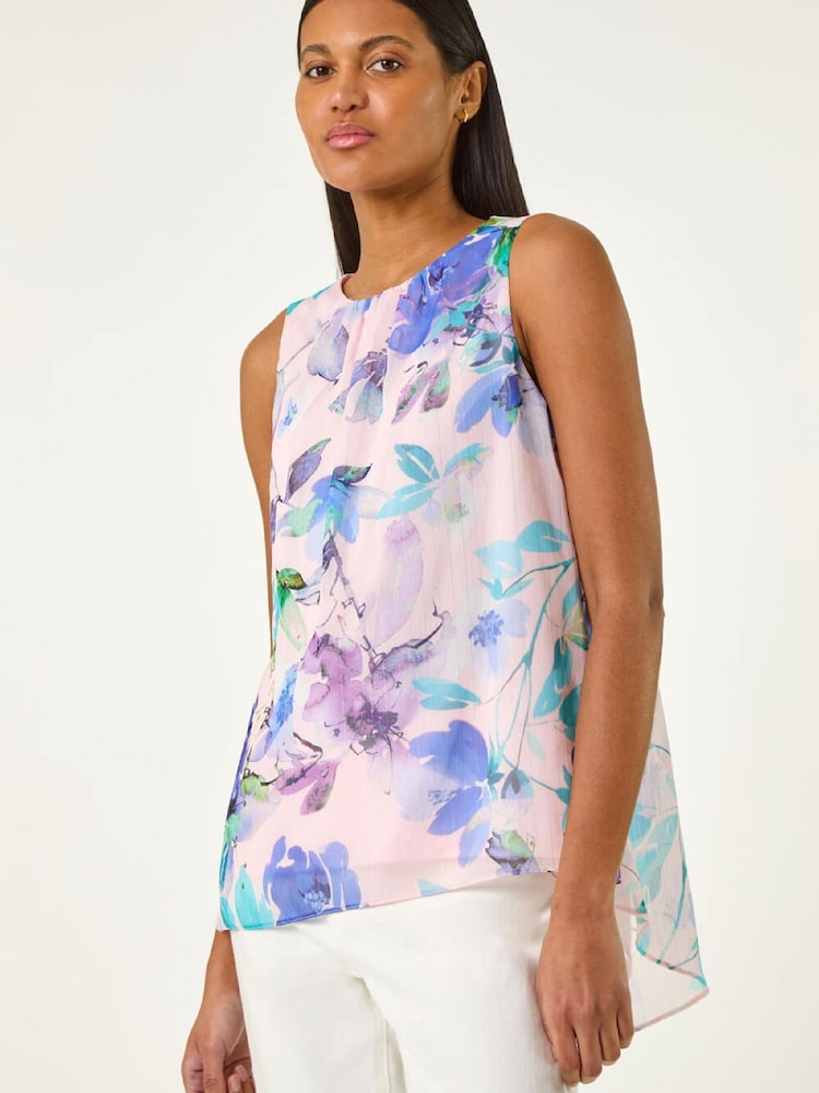 Roman Purple Floral Print Metallic Shell Top - Image 1 of 5