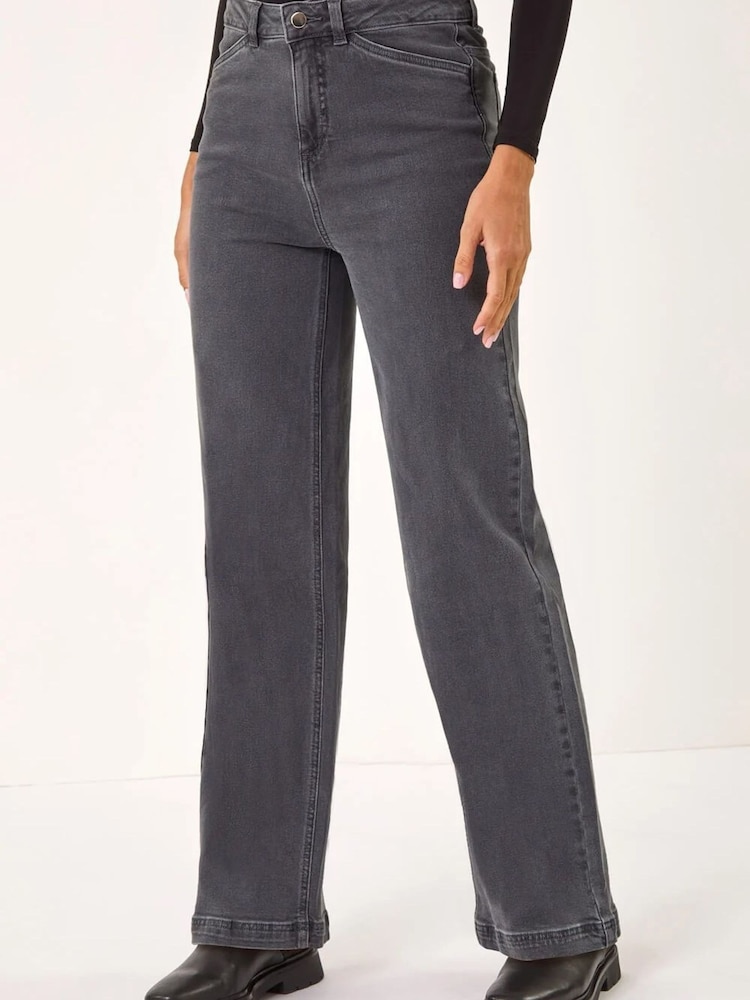 Roman Grey Cotton Blend Wide Leg Stretch Denim Jeans - Image 1 of 3 Roman Grey Cotton Blend Wide Leg Stretch Denim Jeans - Image 1 of 3