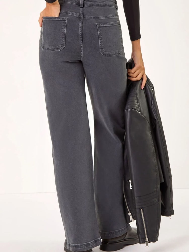Roman Grey Cotton Blend Wide Leg Stretch Denim Jeans - Image 2 of 3 Roman Grey Cotton Blend Wide Leg Stretch Denim Jeans - Image 2 of 3
