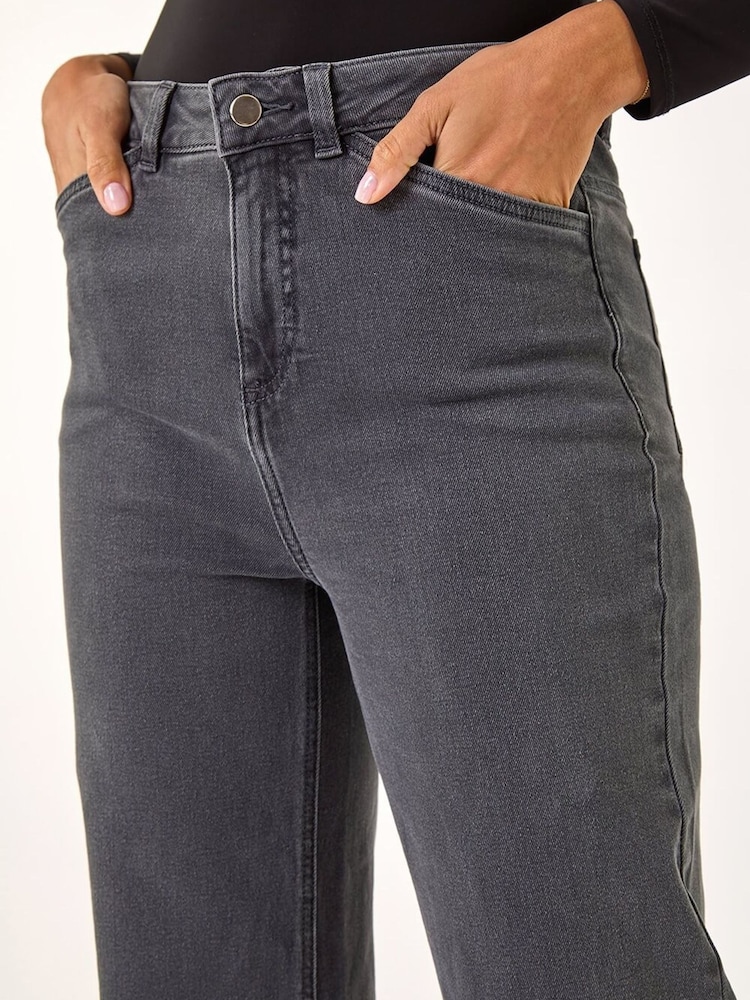 Roman Grey Cotton Blend Wide Leg Stretch Denim Jeans - Image 3 of 3 Roman Grey Cotton Blend Wide Leg Stretch Denim Jeans - Image 3 of 3