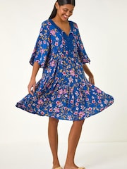 Roman Blue Floral Print Lace Detail Smock Dress - Image 1 of 5