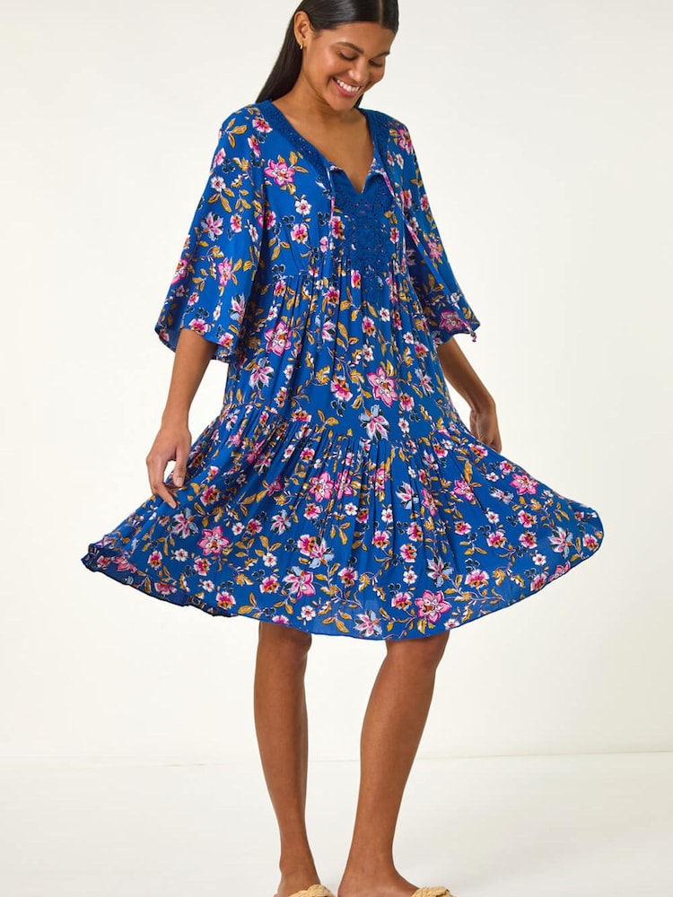 Roman Blue Floral Print Lace Detail Smock Dress - Image 1 of 5