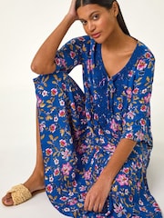 Roman Blue Floral Print Lace Detail Smock Dress - Image 2 of 5