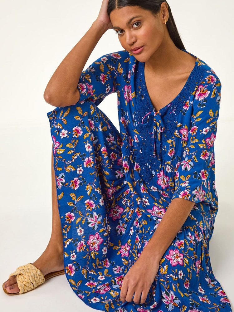 Roman Blue Floral Print Lace Detail Smock Dress - Image 2 of 5