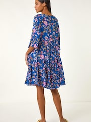 Roman Blue Floral Print Lace Detail Smock Dress - Image 3 of 5