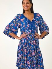 Roman Blue Floral Print Lace Detail Smock Dress - Image 4 of 5